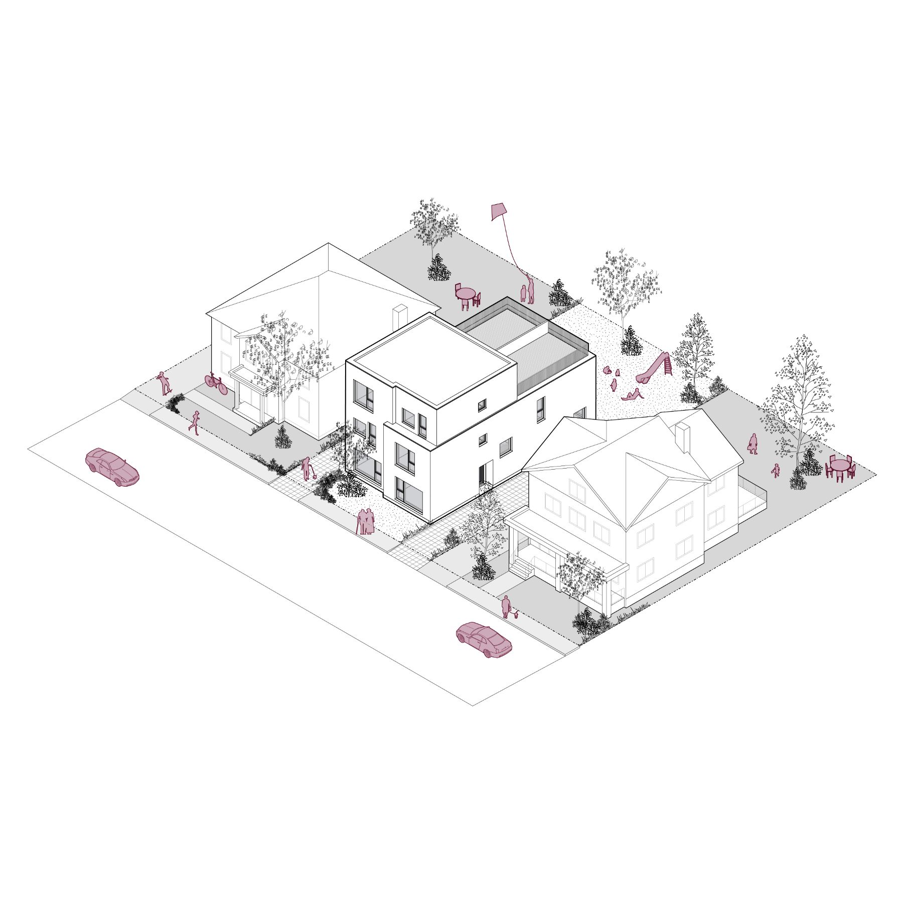 A 3D line rendering of a three-storey duplex, covering approximately 154.3 sq. m (1,661 sq. ft.). The image depicts the building within a residential setting, surrounded by sidewalks, trees, and parked cars. 